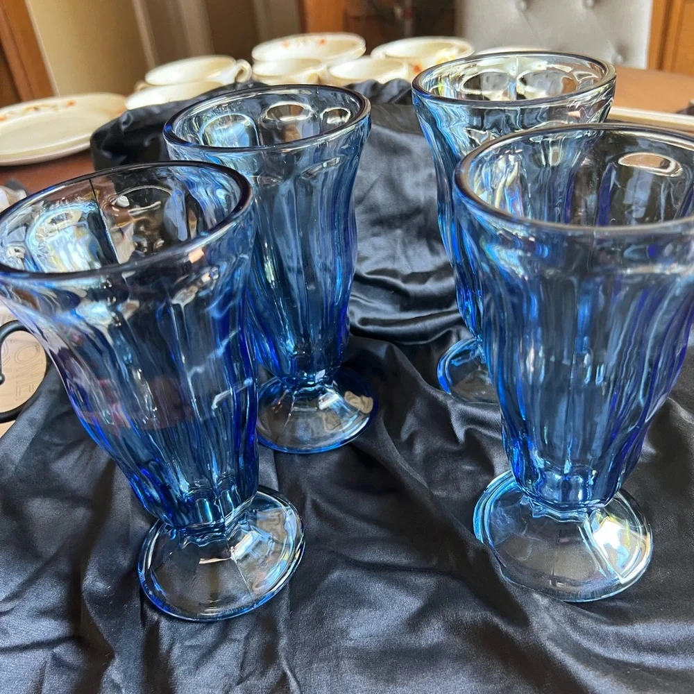 Vintage Set Of Four Anchor Hocking Light Blue Glass Sundae or Milk Shake Glasses